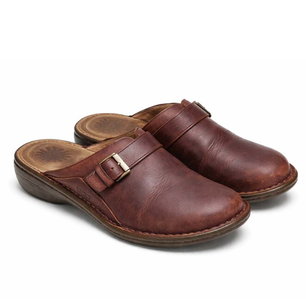 UGG Livia US 7 Brown Leather Sheepskin Lined Clogs Slip On Casual Comfort Warm‎